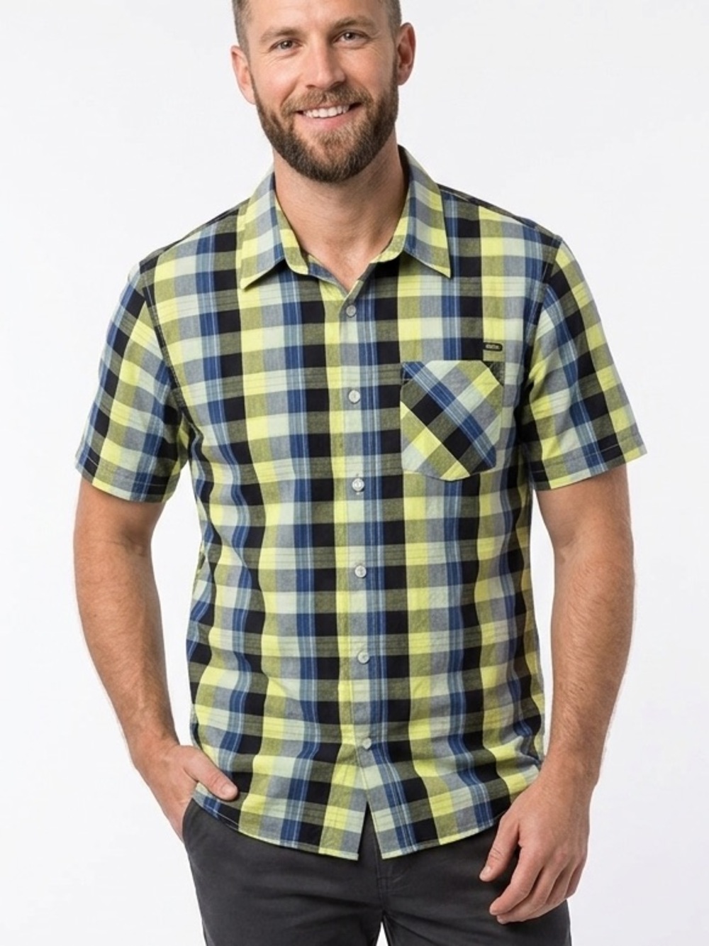 OAKLEY Men’s Plaid Button Down Short Sleeve Shirt Top Collar Pocket Size Large